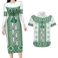 Ukraine Couples Matching Long Sleeve Bodycon Dress and Hawaiian Shirt Traditional Braided Rope Belt Green Folk Pattern