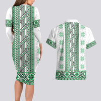 Ukraine Couples Matching Long Sleeve Bodycon Dress and Hawaiian Shirt Traditional Braided Rope Belt Green Folk Pattern
