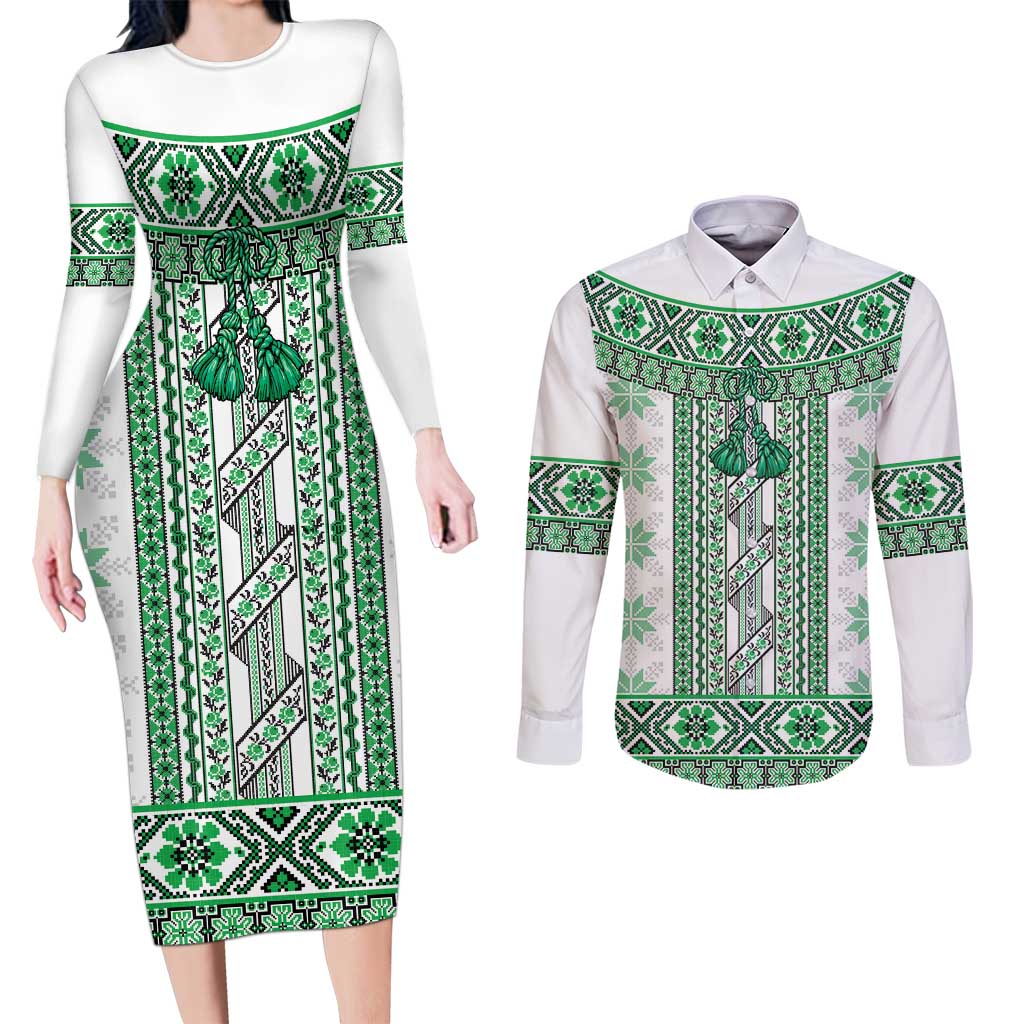 Ukraine Couples Matching Long Sleeve Bodycon Dress and Long Sleeve Button Shirt Traditional Braided Rope Belt Green Folk Pattern