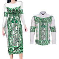 Ukraine Couples Matching Long Sleeve Bodycon Dress and Long Sleeve Button Shirt Traditional Braided Rope Belt Green Folk Pattern