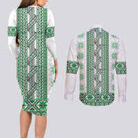 Ukraine Couples Matching Long Sleeve Bodycon Dress and Long Sleeve Button Shirt Traditional Braided Rope Belt Green Folk Pattern