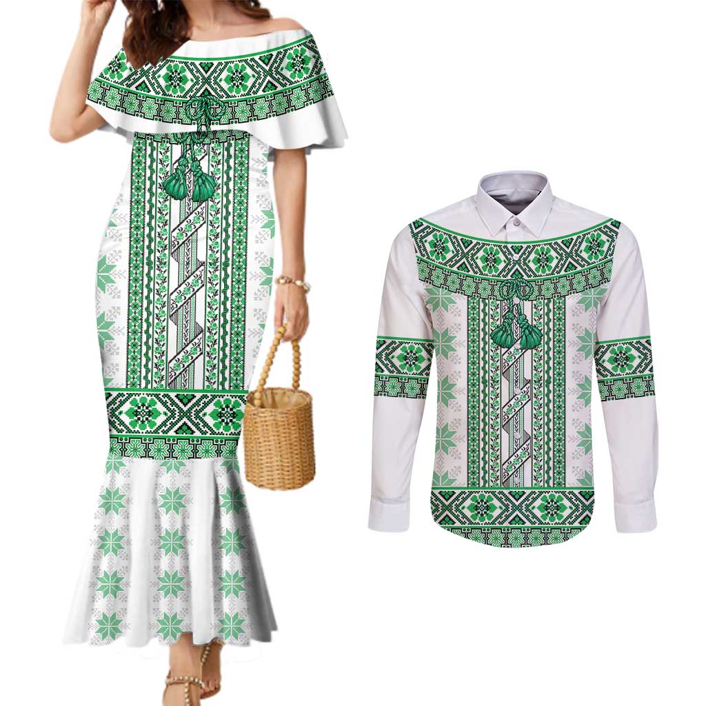 Ukraine Couples Matching Mermaid Dress and Long Sleeve Button Shirt Traditional Braided Rope Belt Green Folk Pattern