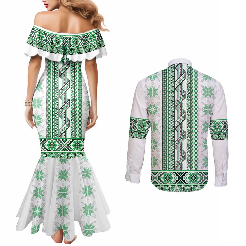 Ukraine Couples Matching Mermaid Dress and Long Sleeve Button Shirt Traditional Braided Rope Belt Green Folk Pattern
