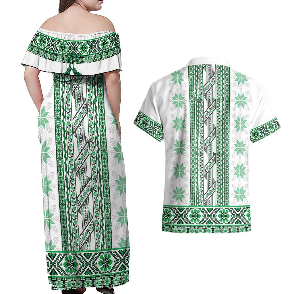 Ukraine Couples Matching Off Shoulder Maxi Dress and Hawaiian Shirt Traditional Braided Rope Belt Green Folk Pattern