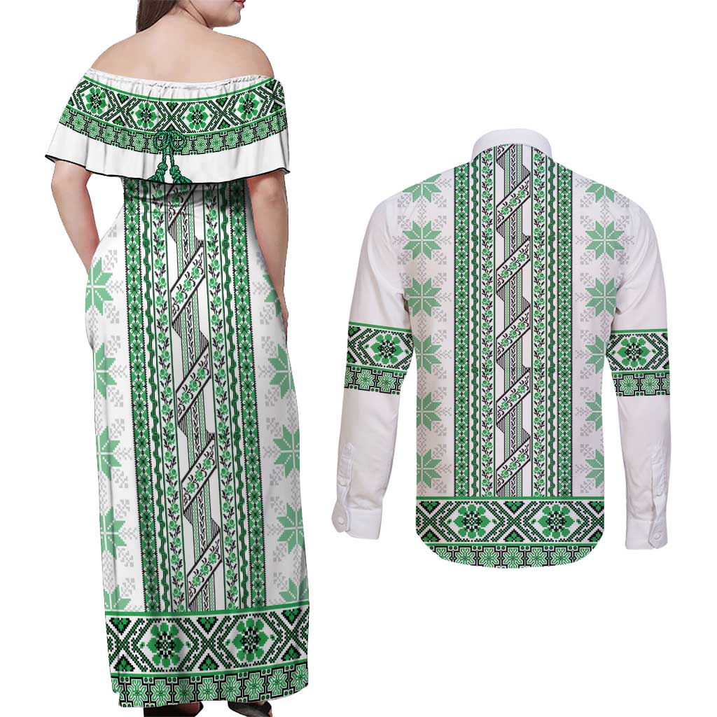 Ukraine Couples Matching Off Shoulder Maxi Dress and Long Sleeve Button Shirt Traditional Braided Rope Belt Green Folk Pattern