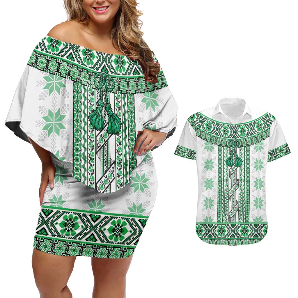 Ukraine Couples Matching Off Shoulder Short Dress and Hawaiian Shirt Traditional Braided Rope Belt Green Folk Pattern