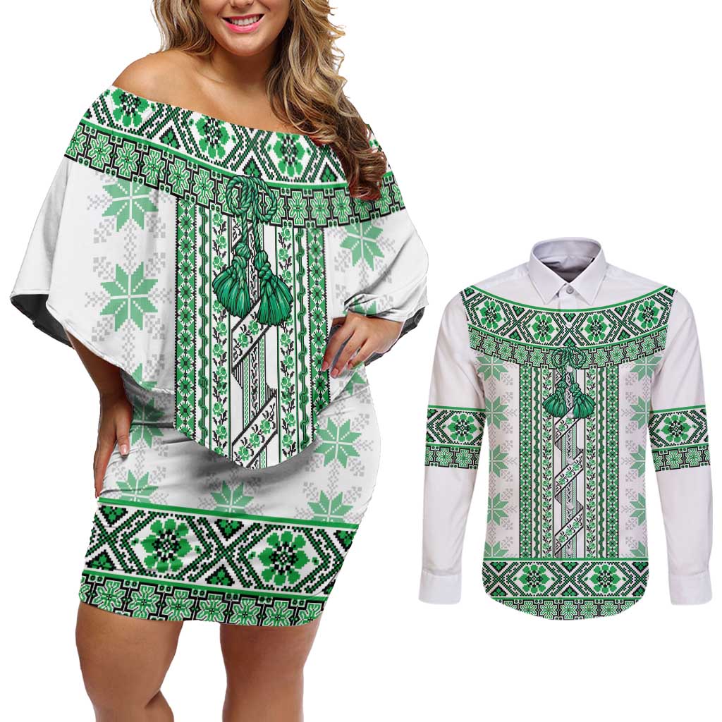 Ukraine Couples Matching Off Shoulder Short Dress and Long Sleeve Button Shirt Traditional Braided Rope Belt Green Folk Pattern