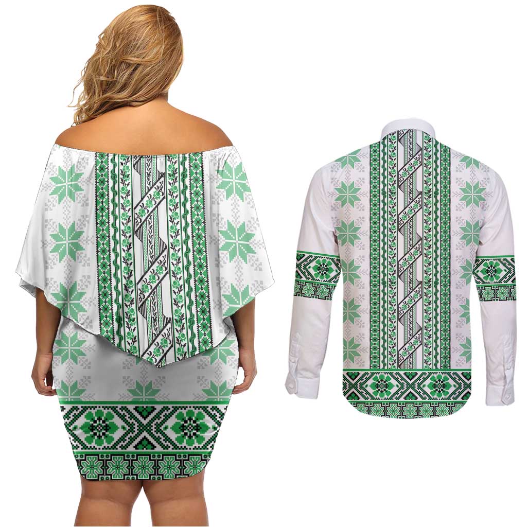 Ukraine Couples Matching Off Shoulder Short Dress and Long Sleeve Button Shirt Traditional Braided Rope Belt Green Folk Pattern