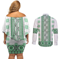 Ukraine Couples Matching Off Shoulder Short Dress and Long Sleeve Button Shirt Traditional Braided Rope Belt Green Folk Pattern