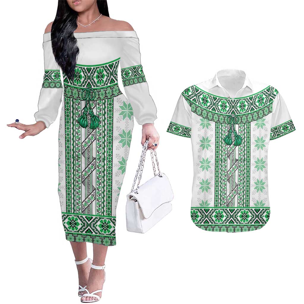 Ukraine Couples Matching Off The Shoulder Long Sleeve Dress and Hawaiian Shirt Traditional Braided Rope Belt Green Folk Pattern