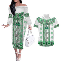 Ukraine Couples Matching Off The Shoulder Long Sleeve Dress and Hawaiian Shirt Traditional Braided Rope Belt Green Folk Pattern