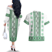 Ukraine Couples Matching Off The Shoulder Long Sleeve Dress and Hawaiian Shirt Traditional Braided Rope Belt Green Folk Pattern
