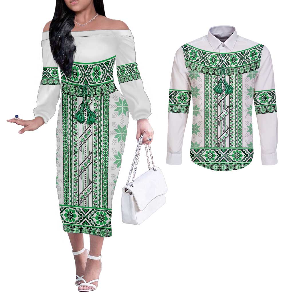 Ukraine Couples Matching Off The Shoulder Long Sleeve Dress and Long Sleeve Button Shirt Traditional Braided Rope Belt Green Folk Pattern