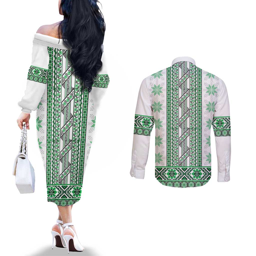 Ukraine Couples Matching Off The Shoulder Long Sleeve Dress and Long Sleeve Button Shirt Traditional Braided Rope Belt Green Folk Pattern