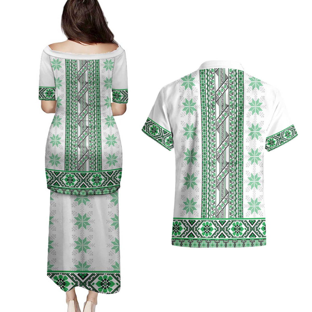 Ukraine Couples Matching Puletasi and Hawaiian Shirt Traditional Braided Rope Belt Green Folk Pattern