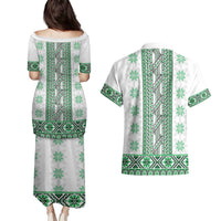 Ukraine Couples Matching Puletasi and Hawaiian Shirt Traditional Braided Rope Belt Green Folk Pattern