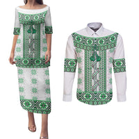 Ukraine Couples Matching Puletasi and Long Sleeve Button Shirt Traditional Braided Rope Belt Green Folk Pattern