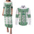 Ukraine Couples Matching Puletasi and Long Sleeve Button Shirt Traditional Braided Rope Belt Green Folk Pattern