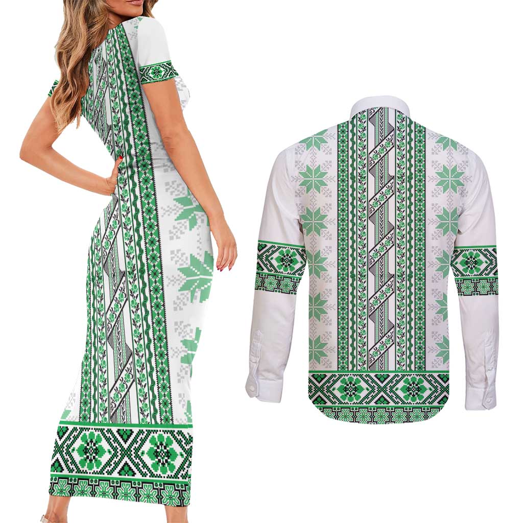 Ukraine Couples Matching Short Sleeve Bodycon Dress and Long Sleeve Button Shirt Traditional Braided Rope Belt Green Folk Pattern
