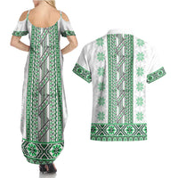Ukraine Couples Matching Summer Maxi Dress and Hawaiian Shirt Traditional Braided Rope Belt Green Folk Pattern