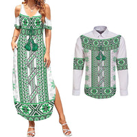Ukraine Couples Matching Summer Maxi Dress and Long Sleeve Button Shirt Traditional Braided Rope Belt Green Folk Pattern