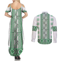 Ukraine Couples Matching Summer Maxi Dress and Long Sleeve Button Shirt Traditional Braided Rope Belt Green Folk Pattern