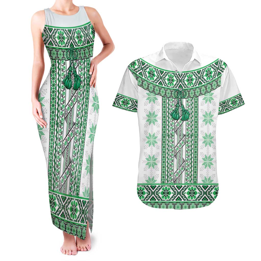 Ukraine Couples Matching Tank Maxi Dress and Hawaiian Shirt Traditional Braided Rope Belt Green Folk Pattern