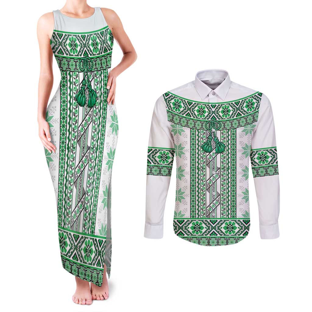 Ukraine Couples Matching Tank Maxi Dress and Long Sleeve Button Shirt Traditional Braided Rope Belt Green Folk Pattern