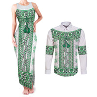 Ukraine Couples Matching Tank Maxi Dress and Long Sleeve Button Shirt Traditional Braided Rope Belt Green Folk Pattern