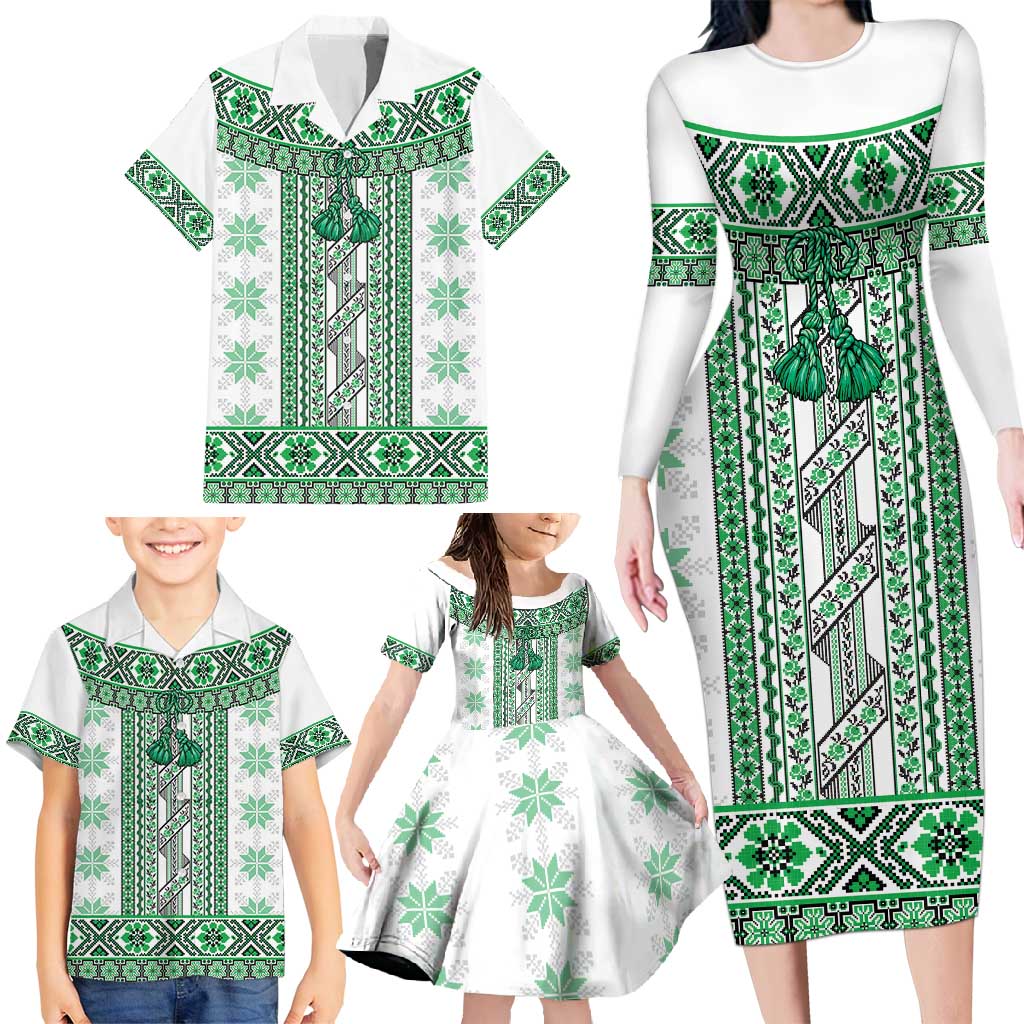 Ukraine Family Matching Long Sleeve Bodycon Dress and Hawaiian Shirt Traditional Braided Rope Belt Green Folk Pattern