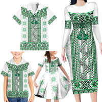 Ukraine Family Matching Long Sleeve Bodycon Dress and Hawaiian Shirt Traditional Braided Rope Belt Green Folk Pattern