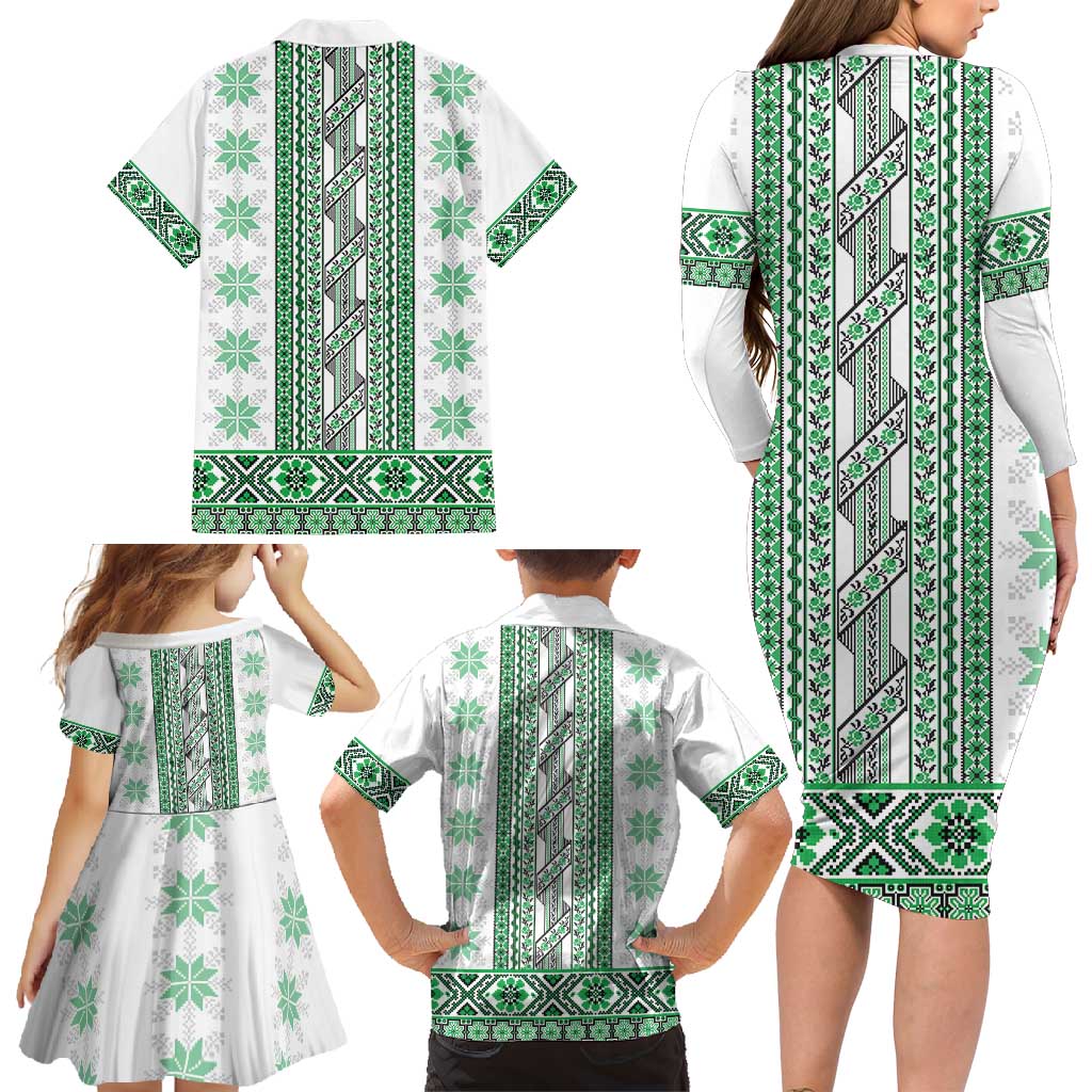 Ukraine Family Matching Long Sleeve Bodycon Dress and Hawaiian Shirt Traditional Braided Rope Belt Green Folk Pattern