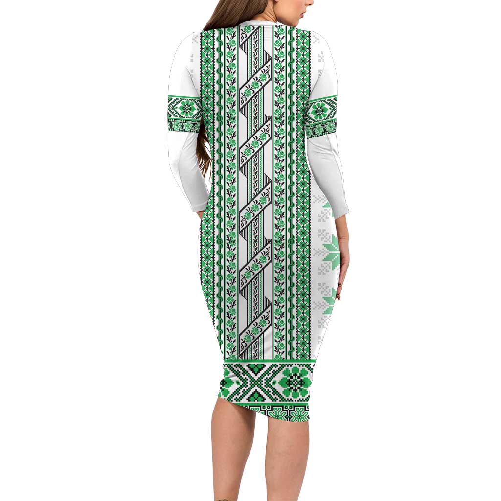 Ukraine Family Matching Long Sleeve Bodycon Dress and Hawaiian Shirt Traditional Braided Rope Belt Green Folk Pattern