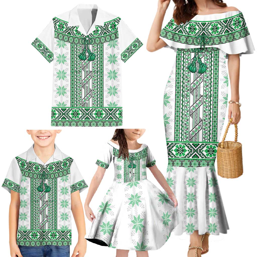 Ukraine Family Matching Mermaid Dress and Hawaiian Shirt Traditional Braided Rope Belt Green Folk Pattern