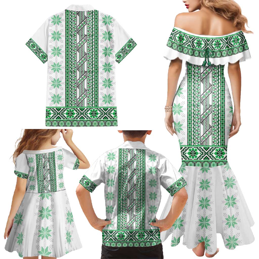 Ukraine Family Matching Mermaid Dress and Hawaiian Shirt Traditional Braided Rope Belt Green Folk Pattern