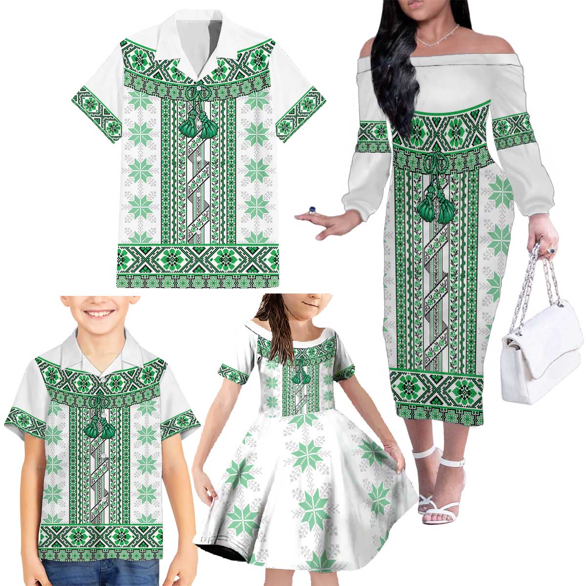 Ukraine Family Matching Off The Shoulder Long Sleeve Dress and Hawaiian Shirt Traditional Braided Rope Belt Green Folk Pattern