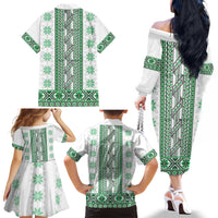 Ukraine Family Matching Off The Shoulder Long Sleeve Dress and Hawaiian Shirt Traditional Braided Rope Belt Green Folk Pattern
