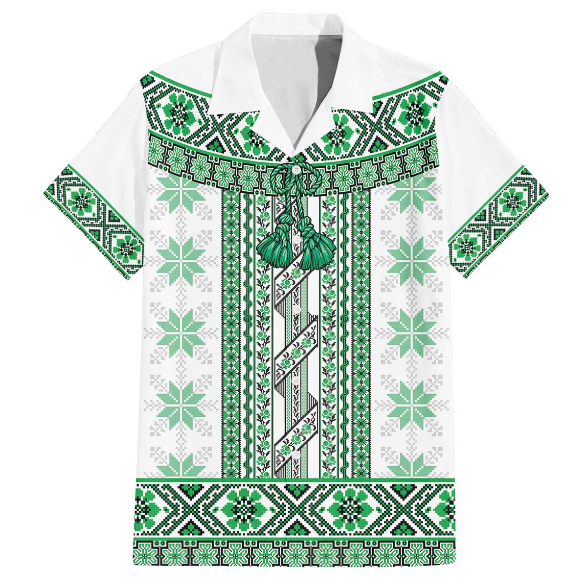 Ukraine Family Matching Off The Shoulder Long Sleeve Dress and Hawaiian Shirt Traditional Braided Rope Belt Green Folk Pattern