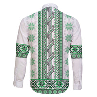 Ukraine Family Matching Off The Shoulder Long Sleeve Dress and Hawaiian Shirt Traditional Braided Rope Belt Green Folk Pattern