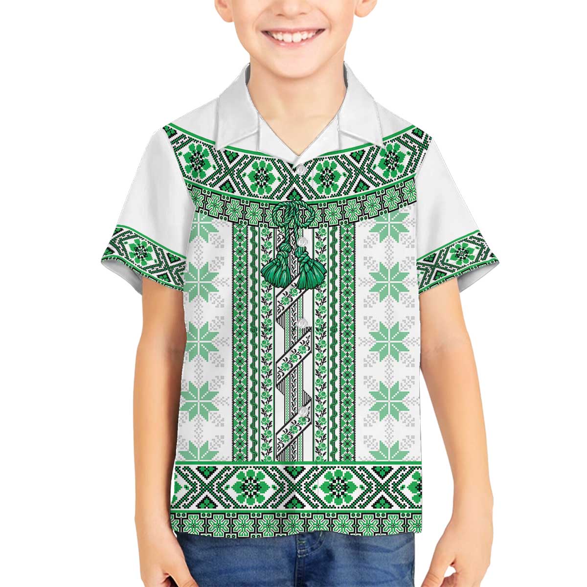 Ukraine Family Matching Off The Shoulder Long Sleeve Dress and Hawaiian Shirt Traditional Braided Rope Belt Green Folk Pattern