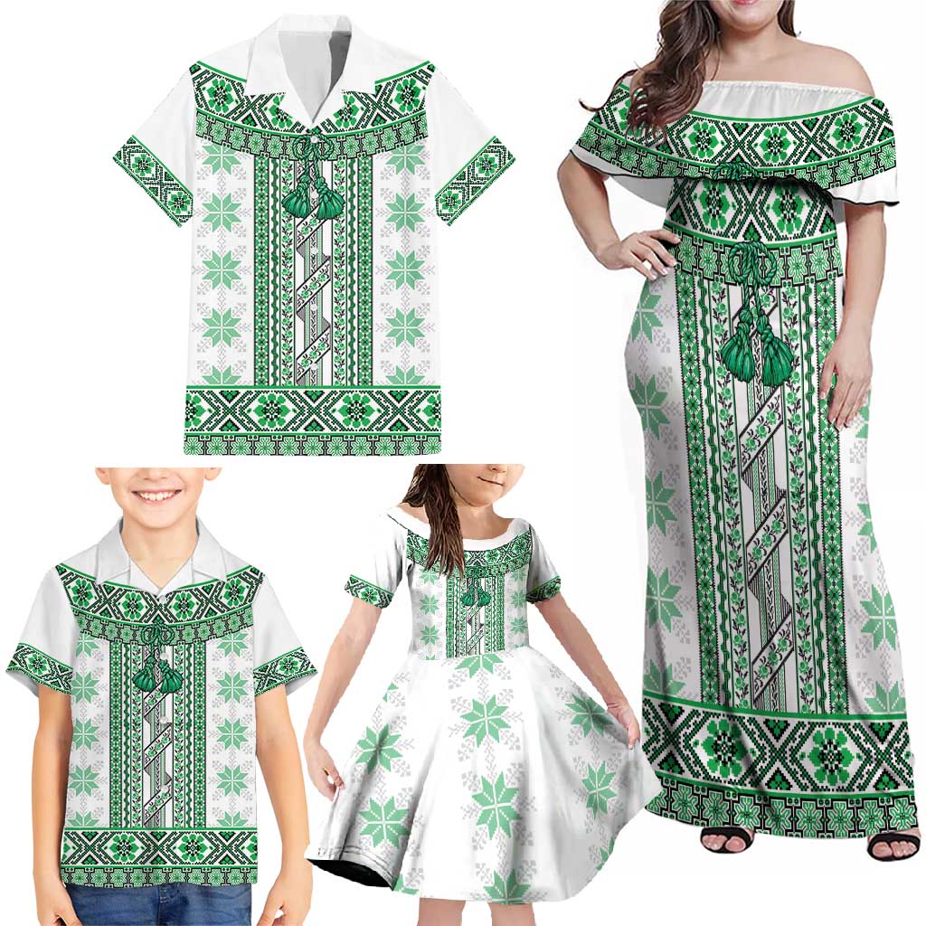 Ukraine Family Matching Off Shoulder Maxi Dress and Hawaiian Shirt Traditional Braided Rope Belt Green Folk Pattern