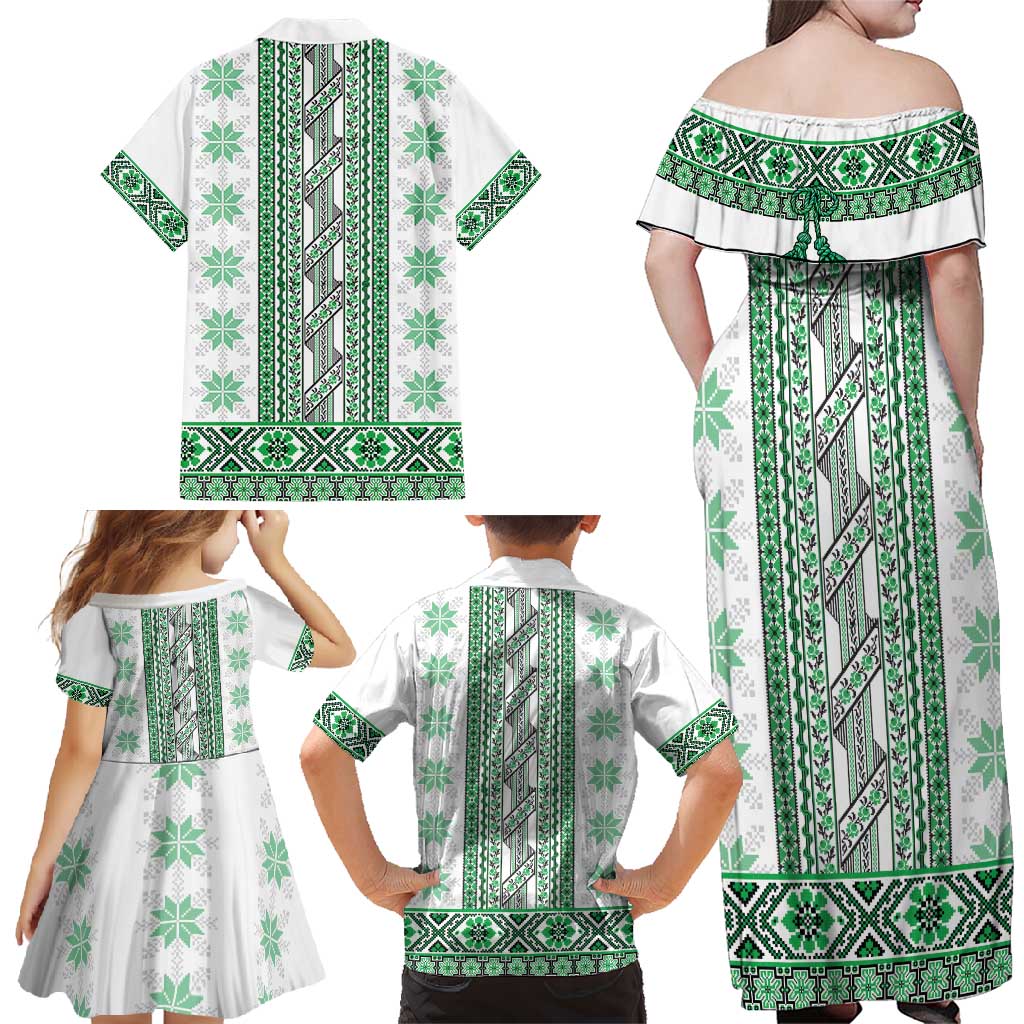 Ukraine Family Matching Off Shoulder Maxi Dress and Hawaiian Shirt Traditional Braided Rope Belt Green Folk Pattern