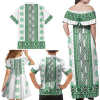Ukraine Family Matching Off Shoulder Maxi Dress and Hawaiian Shirt Traditional Braided Rope Belt Green Folk Pattern