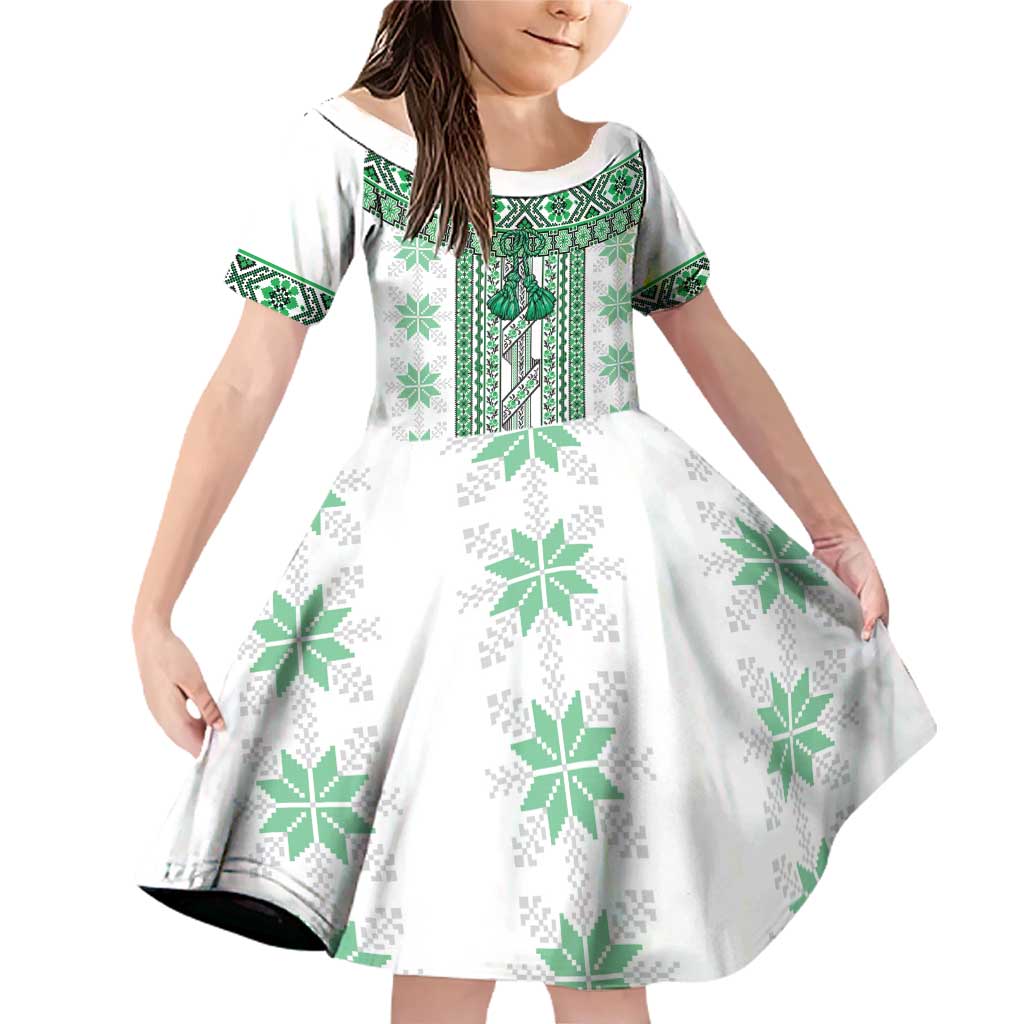 Ukraine Family Matching Off Shoulder Short Dress and Hawaiian Shirt Traditional Braided Rope Belt Green Folk Pattern