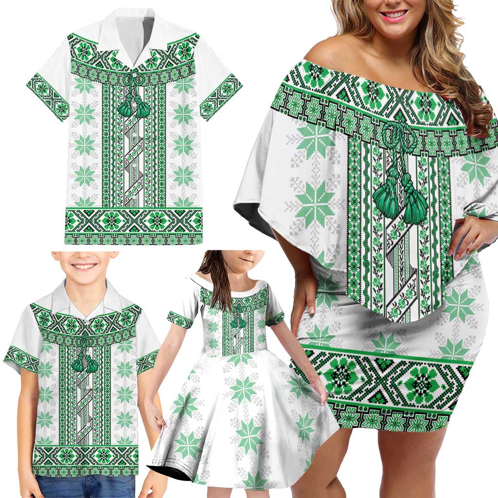 Ukraine Family Matching Off Shoulder Short Dress and Hawaiian Shirt Traditional Braided Rope Belt Green Folk Pattern