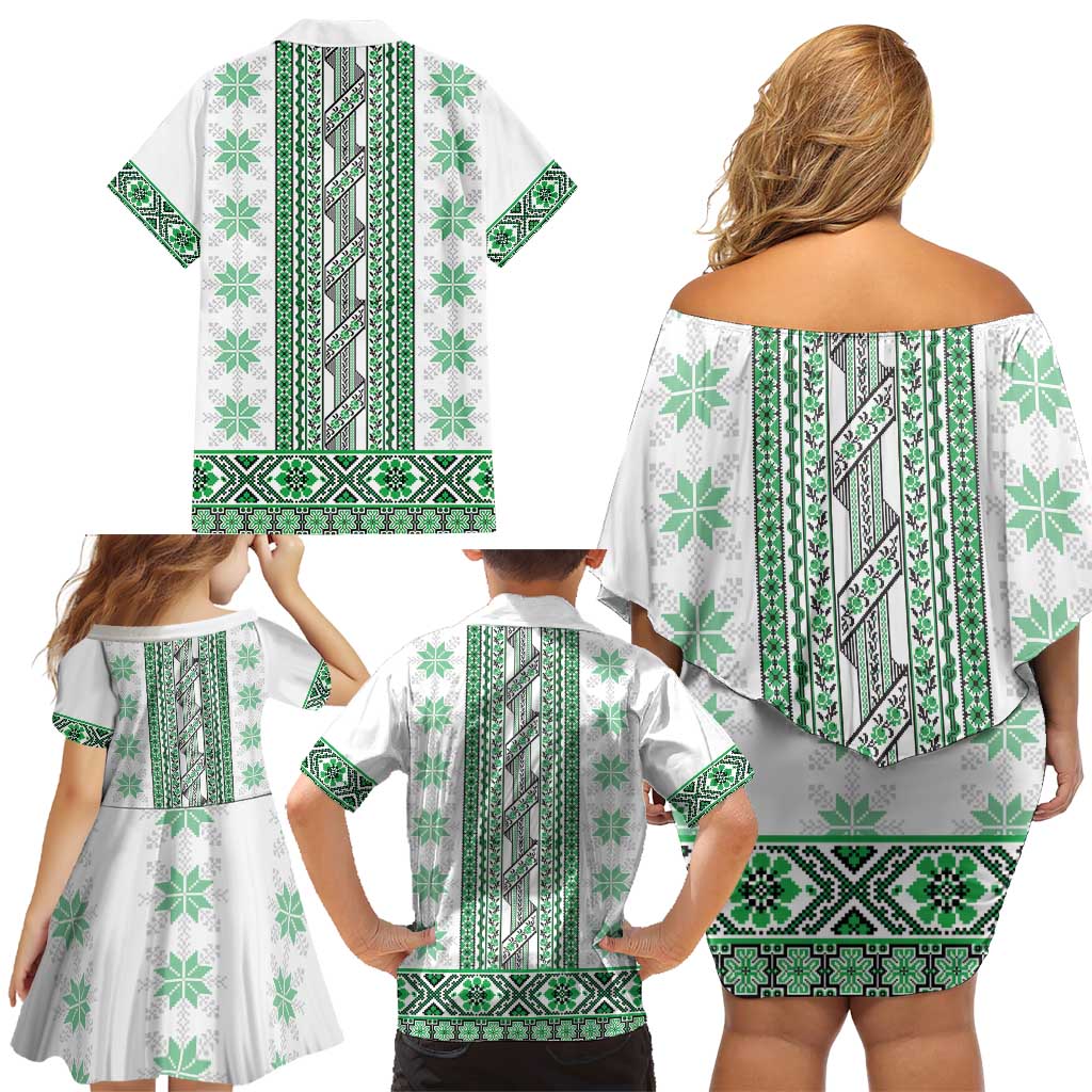 Ukraine Family Matching Off Shoulder Short Dress and Hawaiian Shirt Traditional Braided Rope Belt Green Folk Pattern