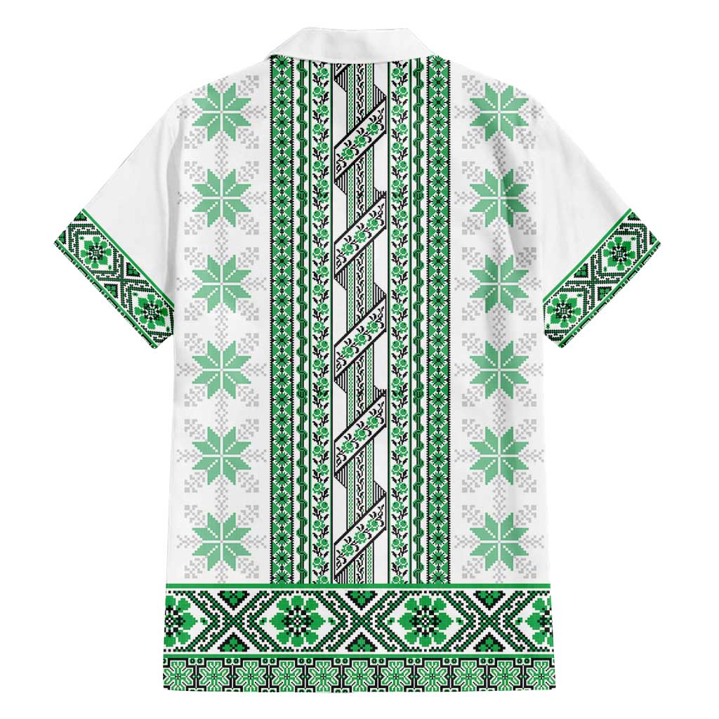 Ukraine Family Matching Off Shoulder Short Dress and Hawaiian Shirt Traditional Braided Rope Belt Green Folk Pattern