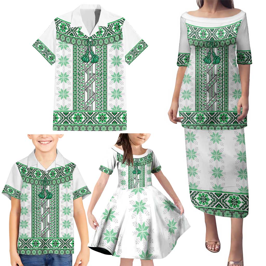 Ukraine Family Matching Puletasi and Hawaiian Shirt Traditional Braided Rope Belt Green Folk Pattern