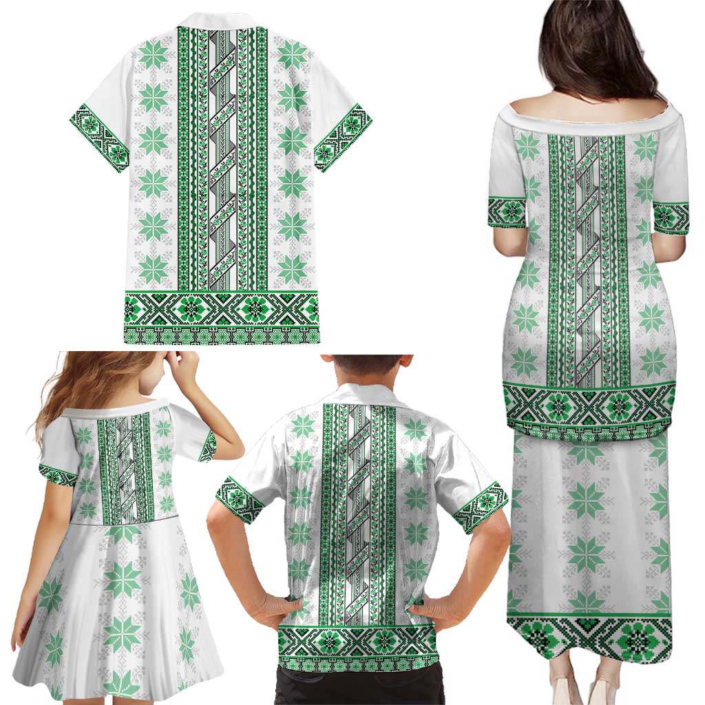 Ukraine Family Matching Puletasi and Hawaiian Shirt Traditional Braided Rope Belt Green Folk Pattern