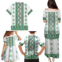 Ukraine Family Matching Puletasi and Hawaiian Shirt Traditional Braided Rope Belt Green Folk Pattern